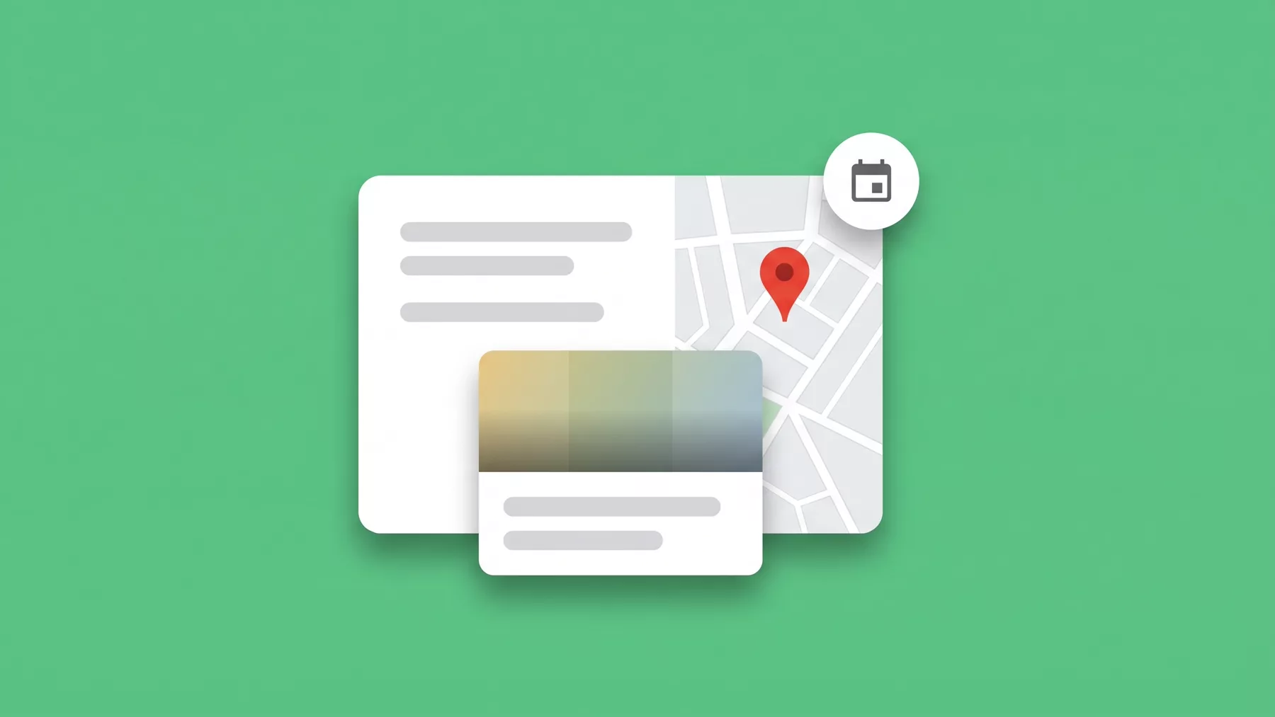 Business listing with a calendar badge and a card sliding in as though being published