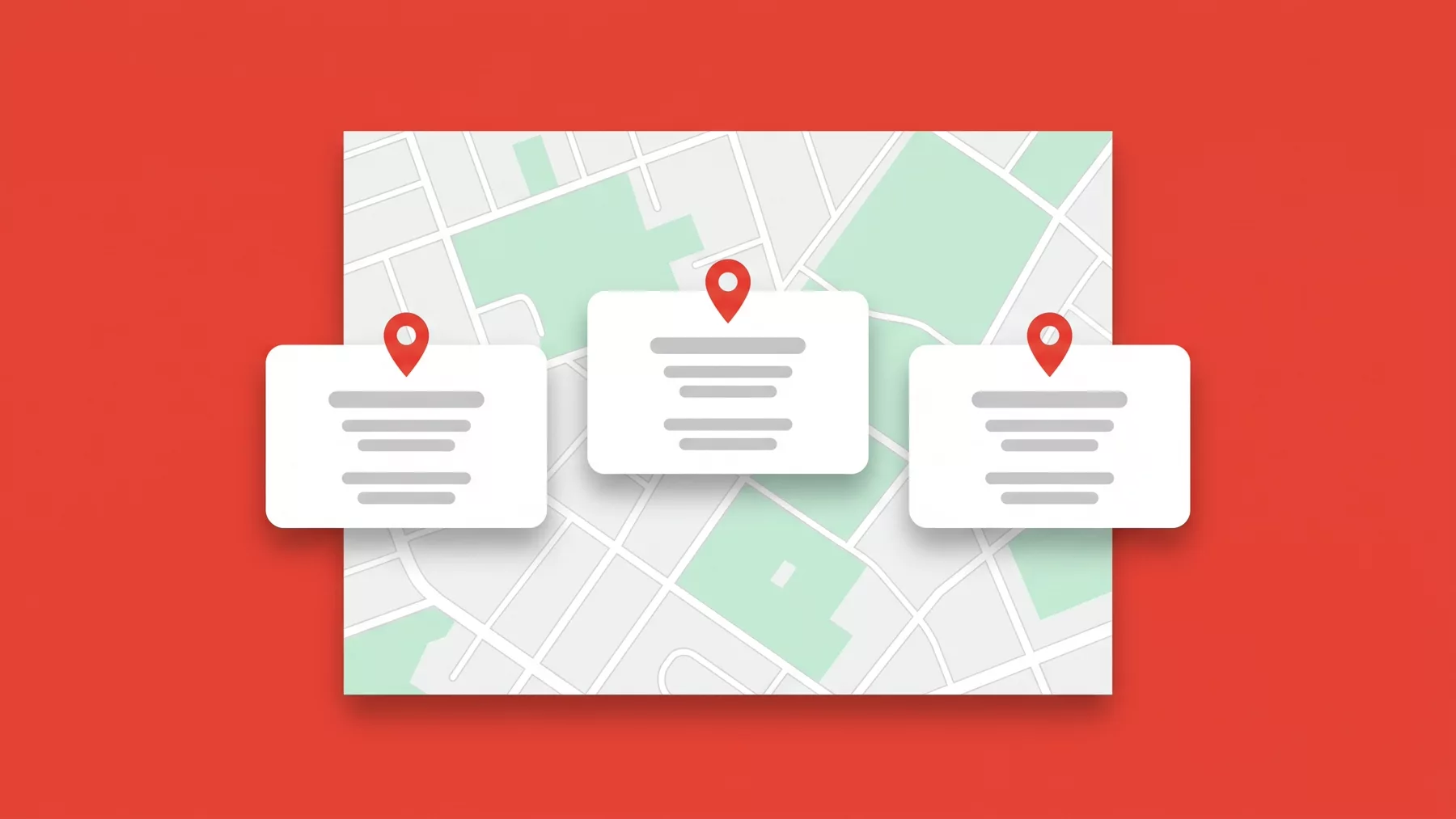 Tres tarjetas de ficha de negocio alineadas como un podio sobre un mapa