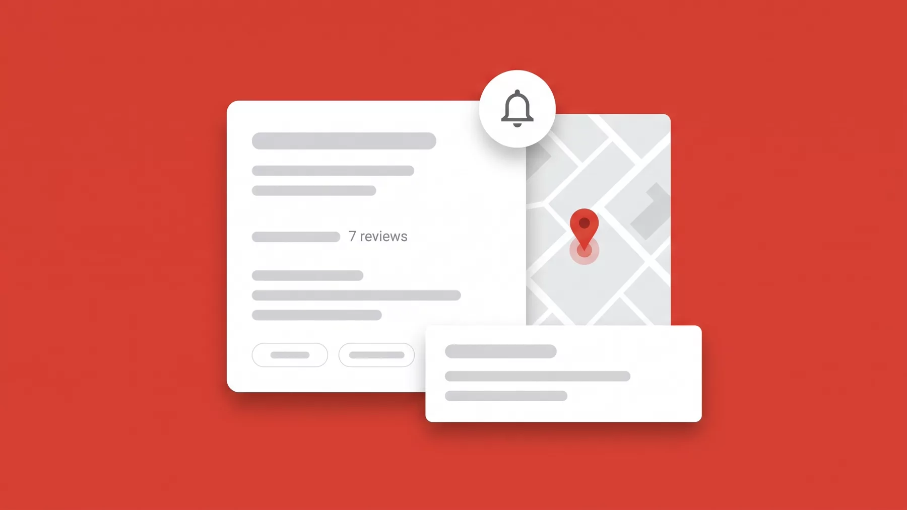 Business listing with a notification bell badge and a pin carrying an alert circle