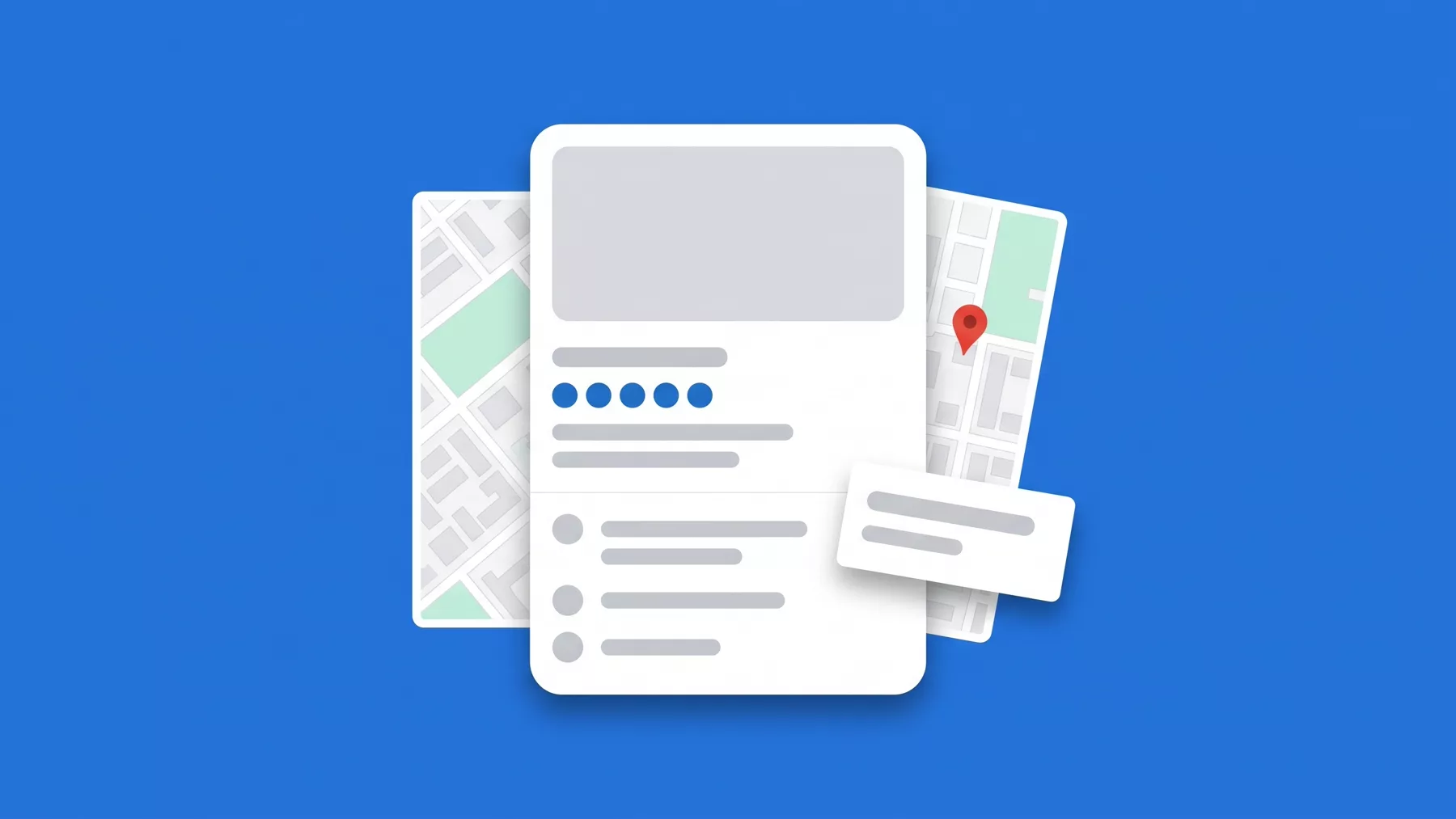 Business listing with a cover photo, a star rating and complete rows of information, floating over a map