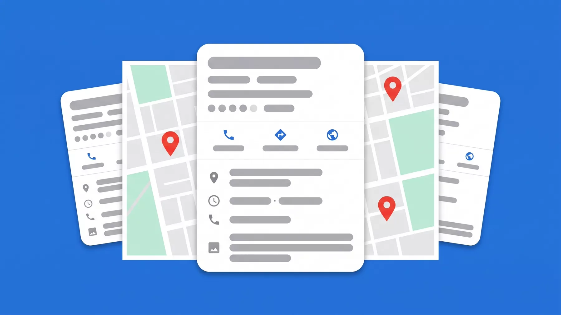 Several business listings stacked, representing different locations over a map with multiple pins