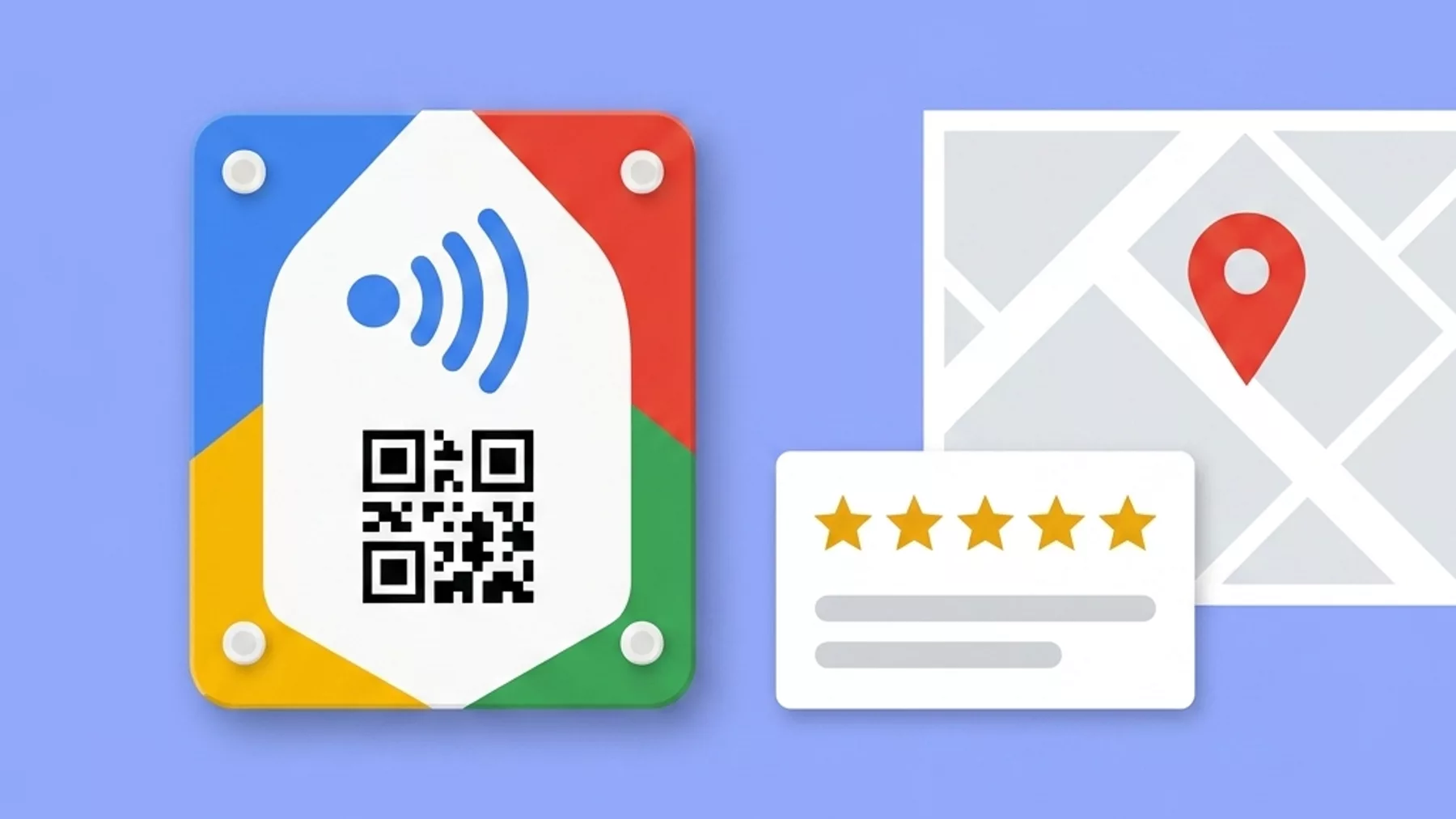 Placa física con NFC y QR junto a una tarjeta con estrellas doradas