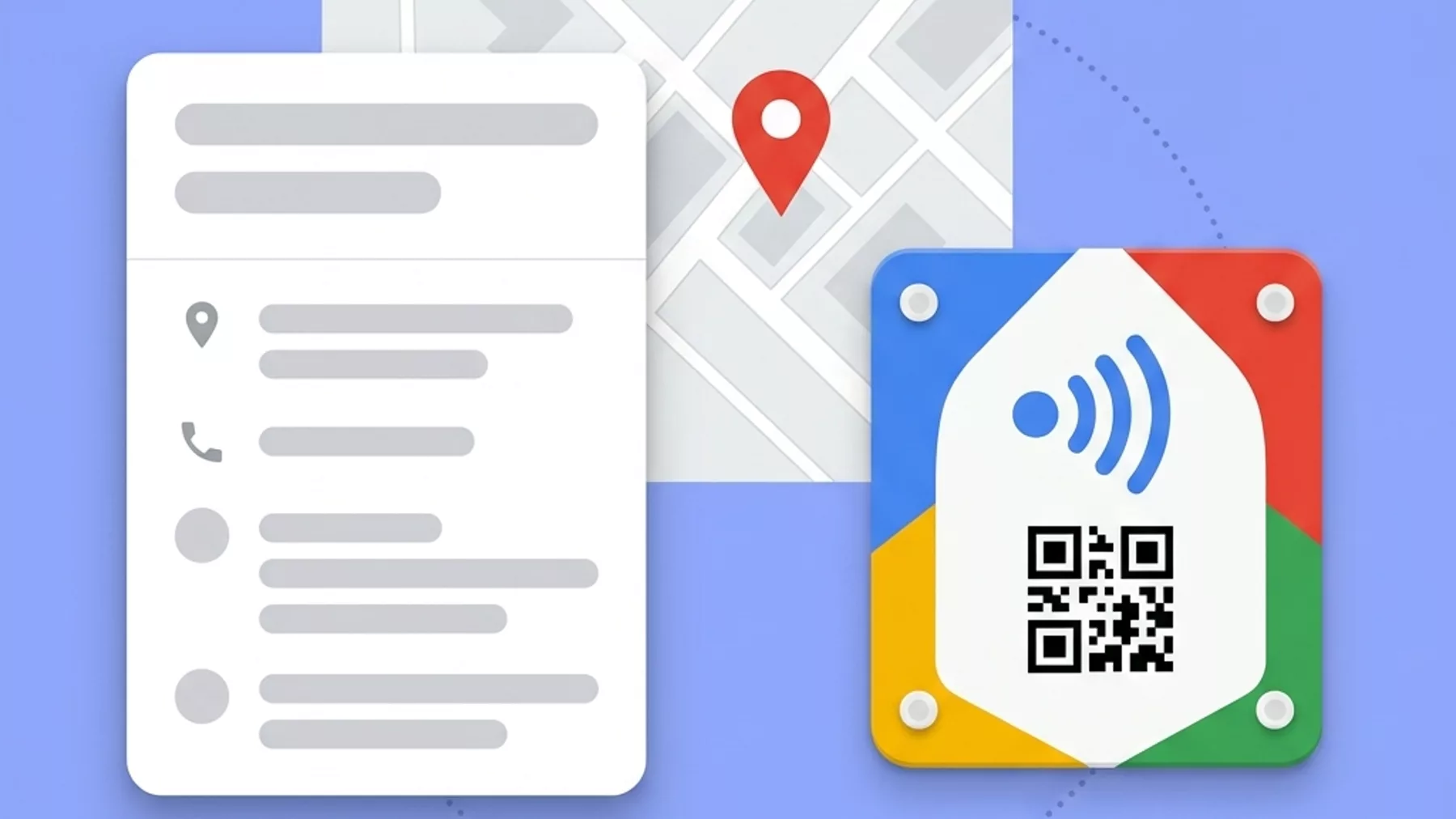 Ficha de negocio junto a una placa física con símbolo de NFC y código QR