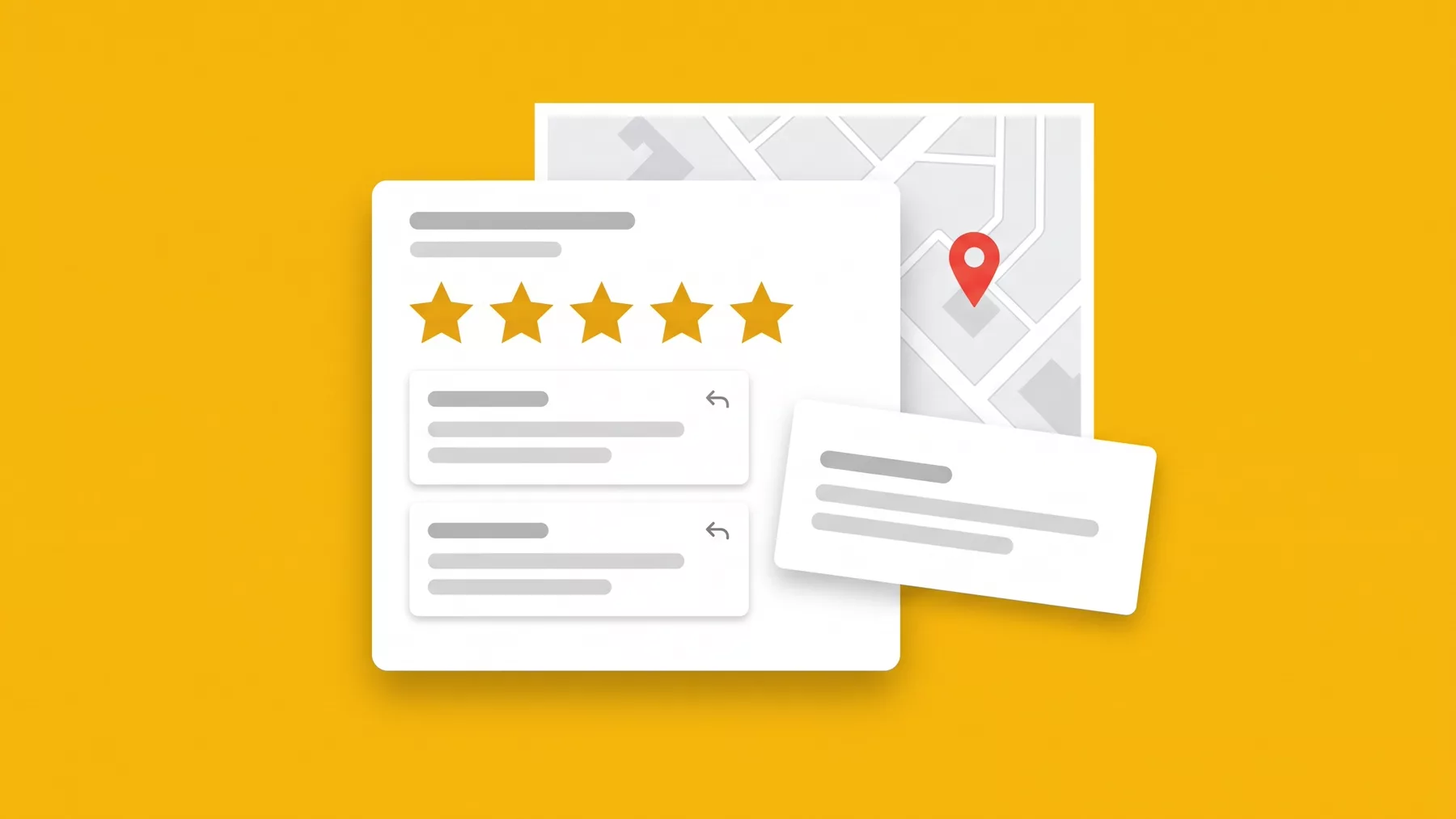 Business listing with a star rating and review cards carrying a reply icon