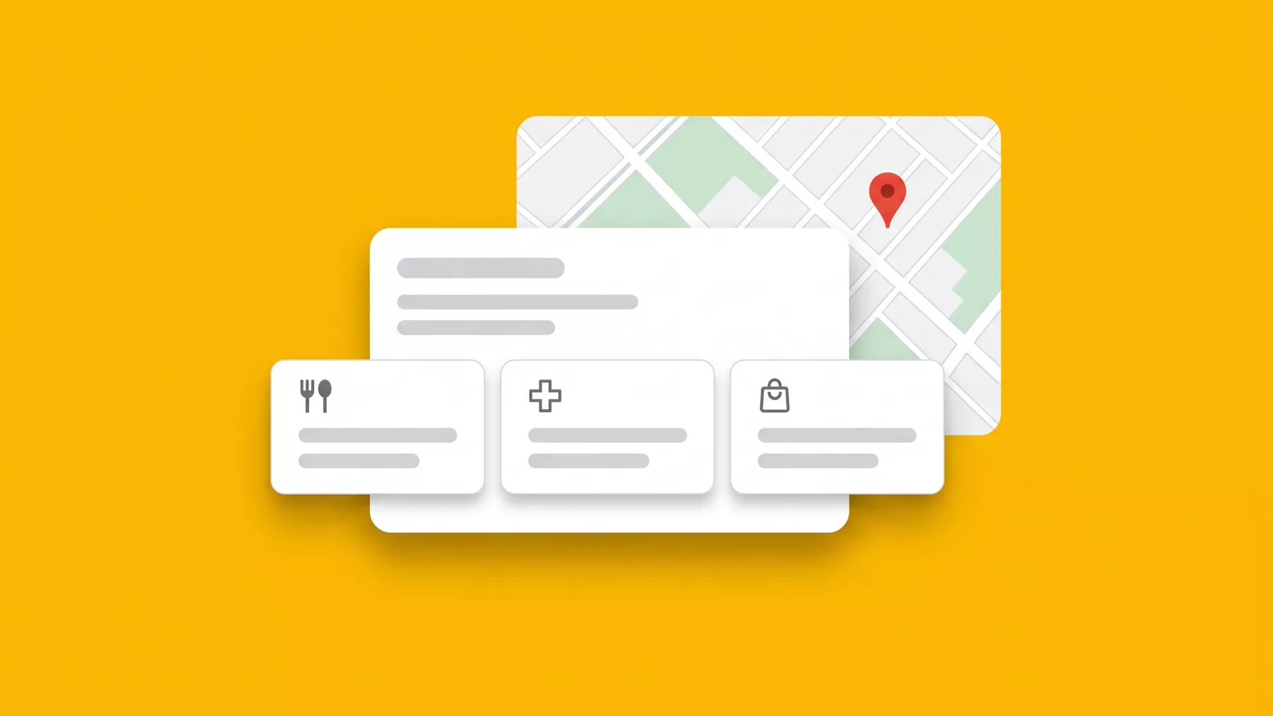 Business listing with three template cards carrying fork, medical cross and shopping bag icons