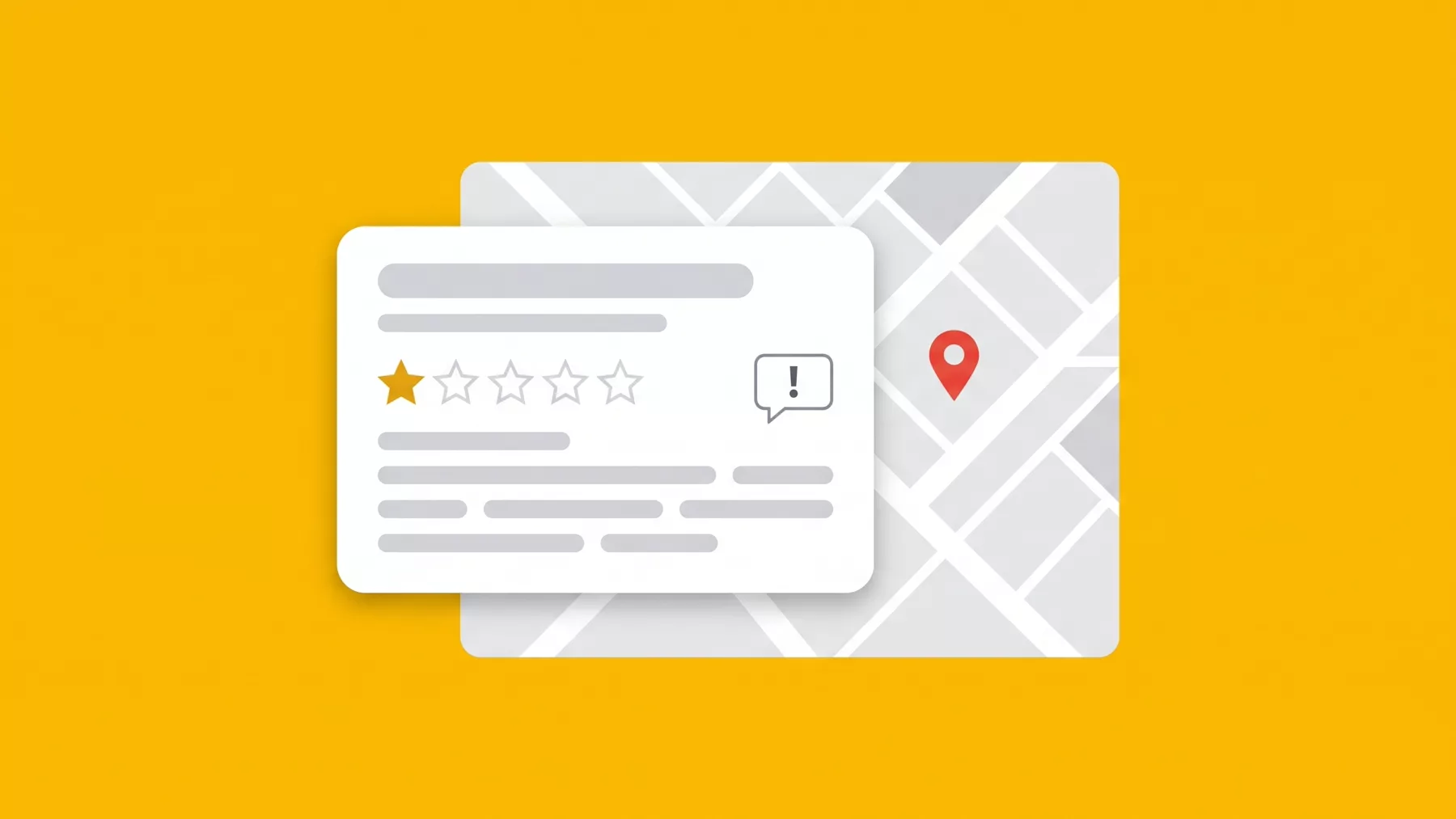 Business listing with a one-star review and a speech bubble carrying an exclamation mark