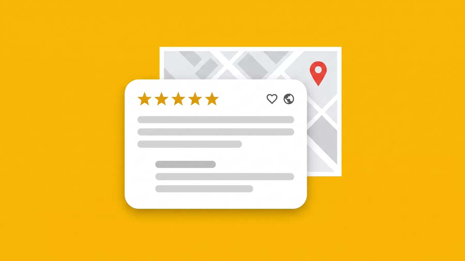 Ficha de negocio con una reseña de cinco estrellas y un ícono de corazón junto a la respuesta