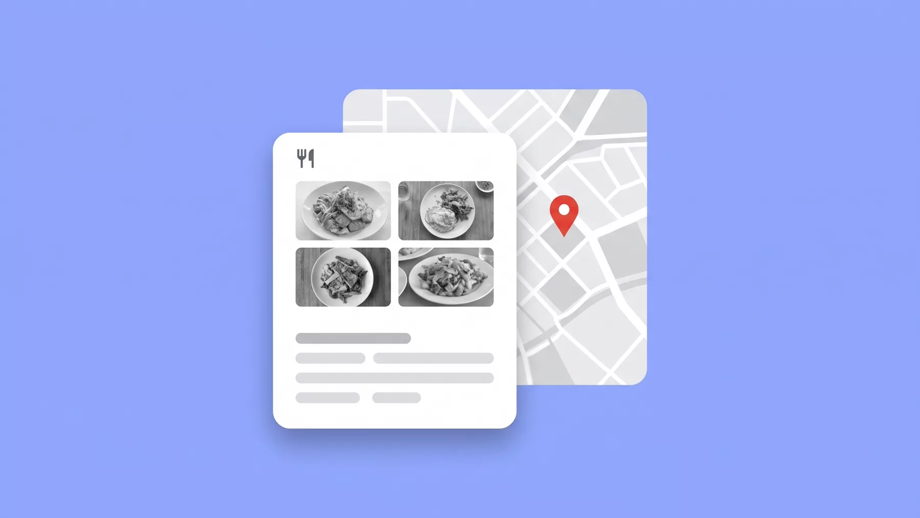 Ficha de negocio con un ícono de tenedor y una cuadrícula de fotos de platos