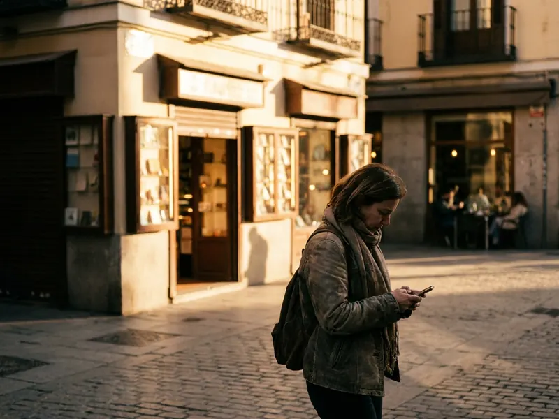 Pessoa na calçada de um bairro consultando o celular ao entardecer para decidir em qual lugar entrar, com as vitrines iluminadas ao fundo