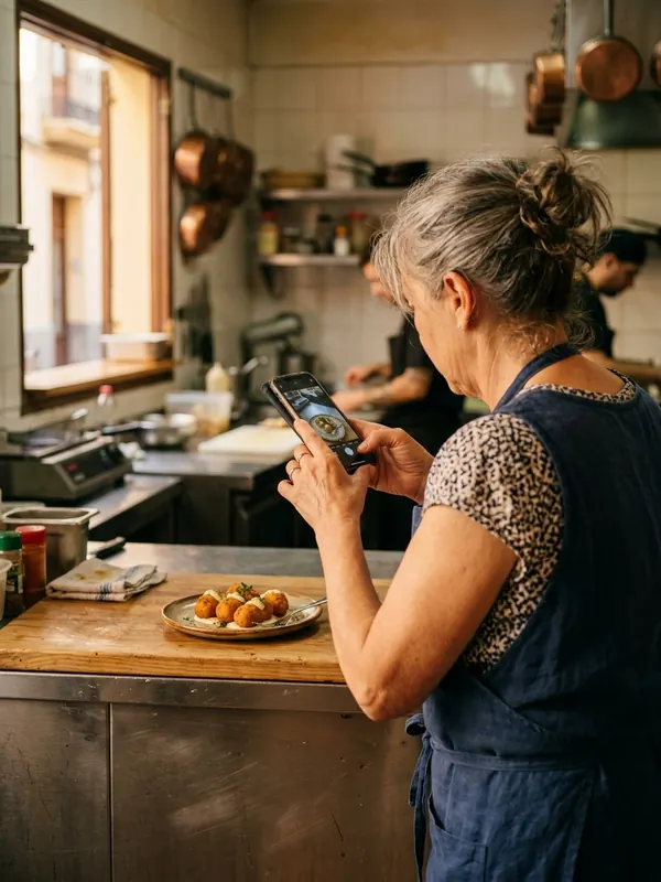 Dona de um restaurante fotografando com o celular um prato recém-montado para publicar no perfil