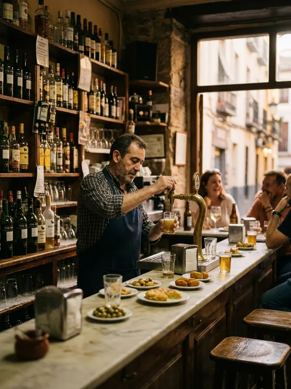 Bar de tapas com o garçom servindo atrás do balcão
