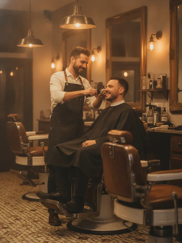 Barbearia com cadeira, espelho e ferramentas de trabalho organizadas