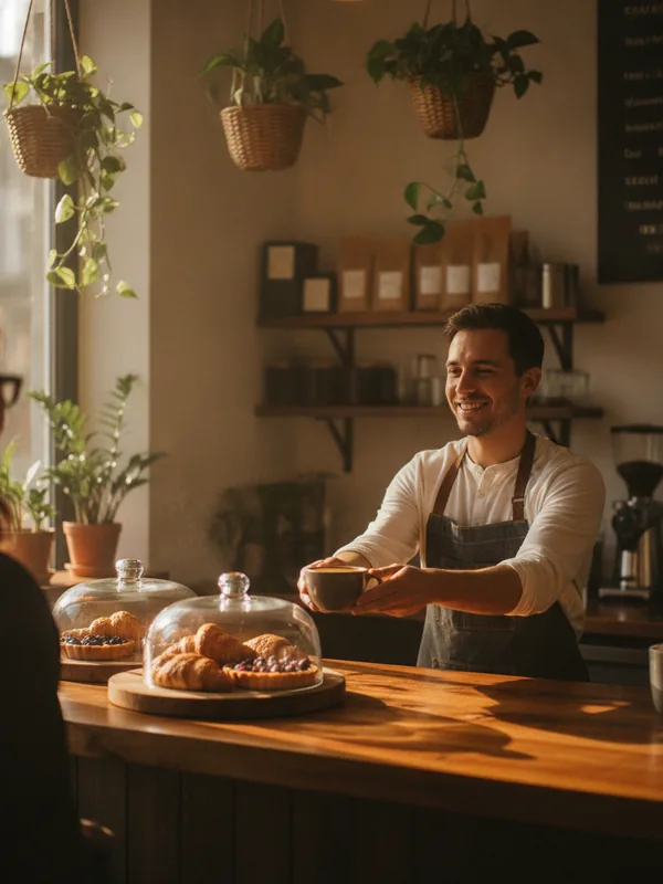 Cafeteria de bairro com o balcão atendido e clientes nas mesas