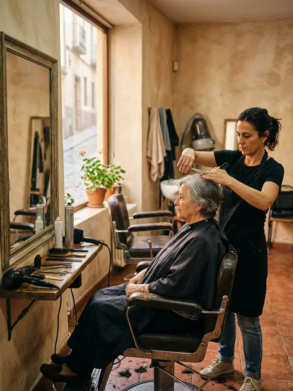 Salão de bairro com a cabeleireira cortando o cabelo em frente ao espelho