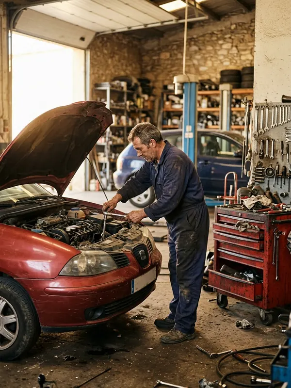 Oficina mecânica independente com o mecânico trabalhando sobre um carro