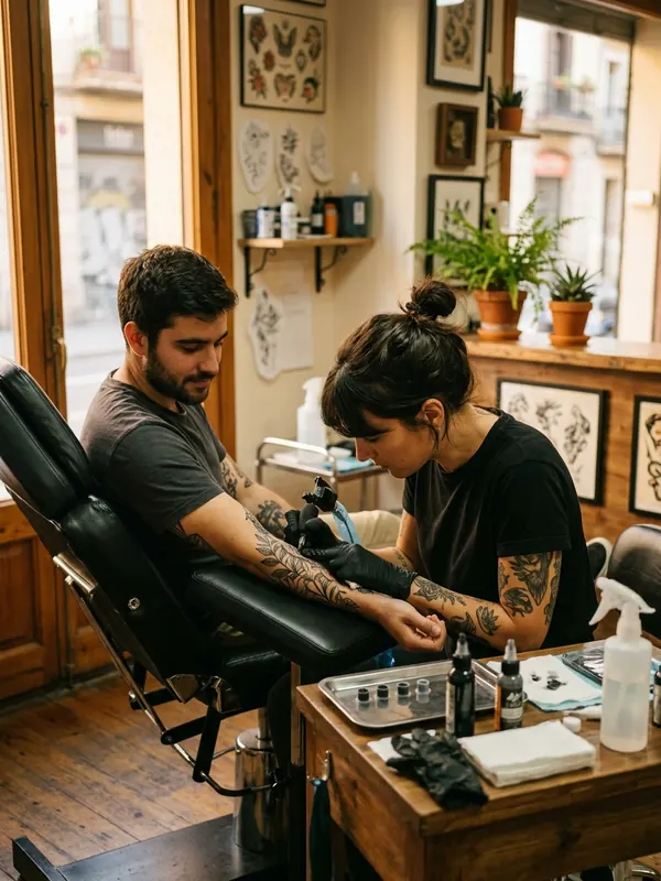 Estúdio de tatuagem com o tatuador trabalhando no braço de um cliente