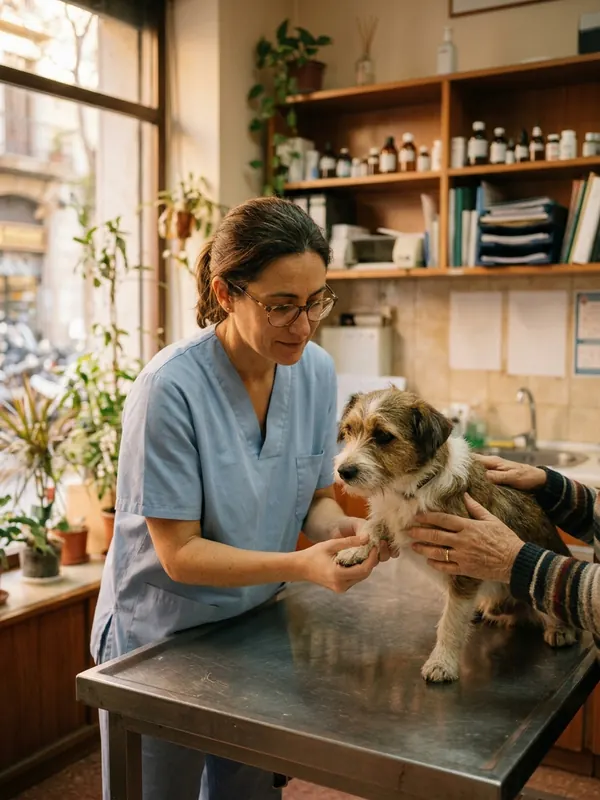 Veterinária examinando um cachorro sobre a mesa de consulta