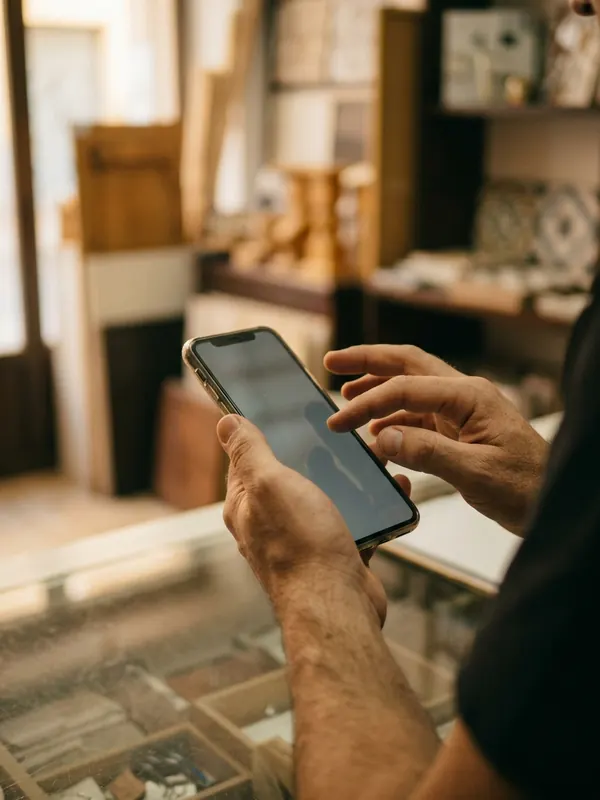 Mãos de uma dona de negócio segurando o celular, prestes a autorizar o acesso ao seu perfil do Google