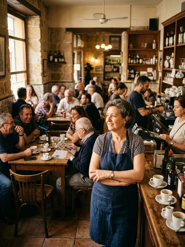 A dona de uma cafeteria atrás do balcão, com os braços relaxados, olhando o salão cheio de clientes
