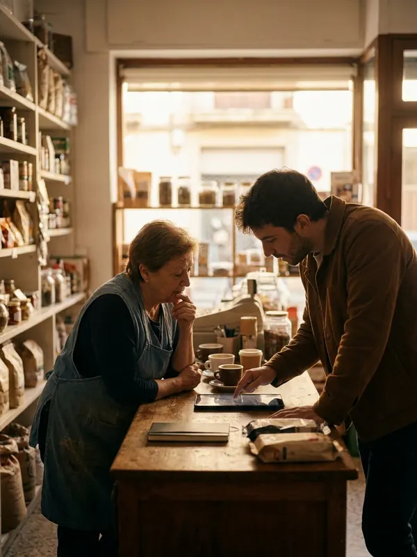 A shop owner and an adviser talking across the counter, going through a proposal together on a tablet