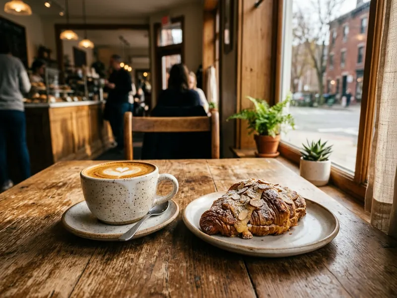 Café com leite e um croissant de amêndoa recém-assado sobre uma mesa de madeira ao lado da janela