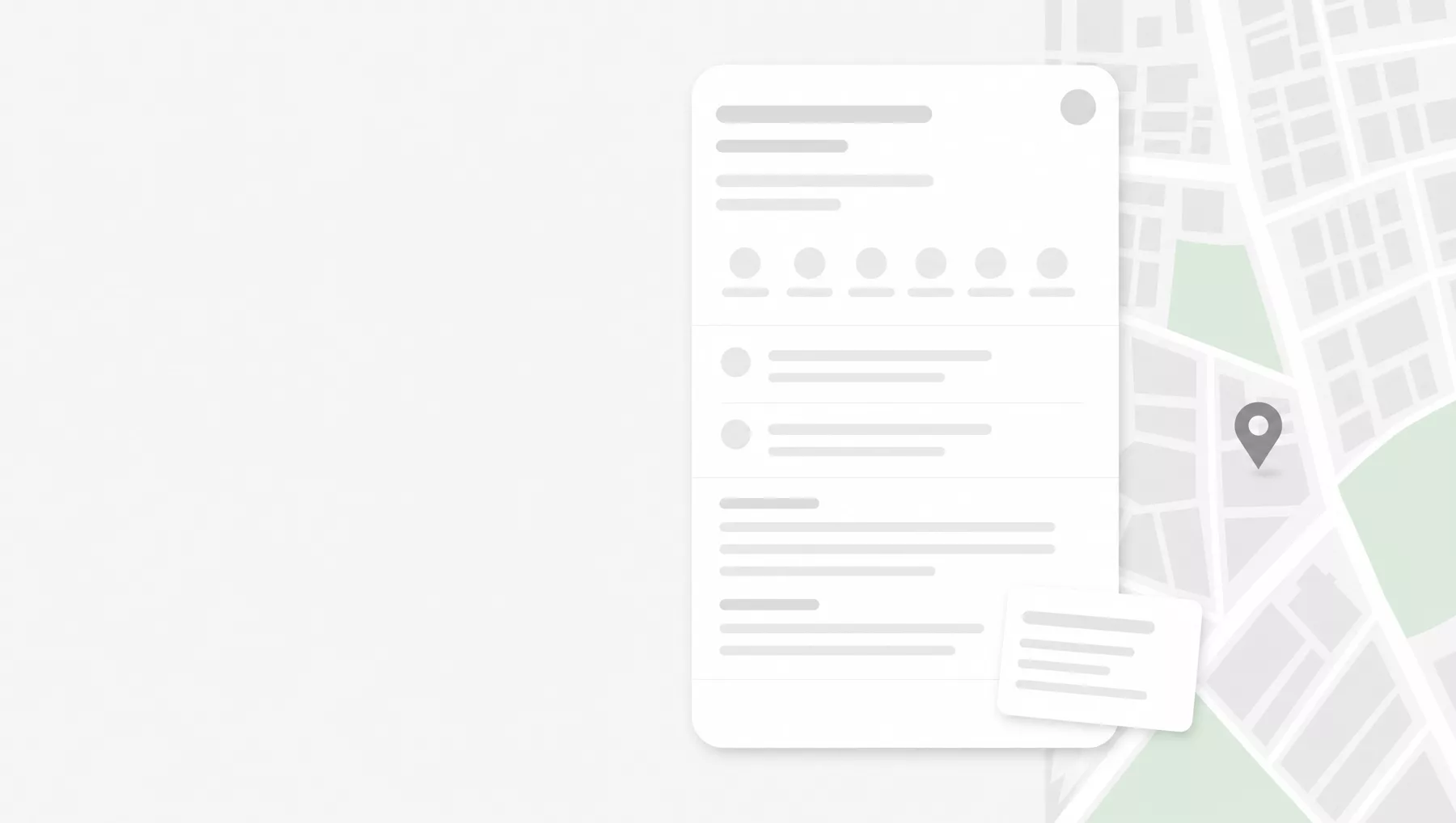 Ficha de negocio apagada, sin datos de posición, flotando sobre un mapa gris sin marcadores
