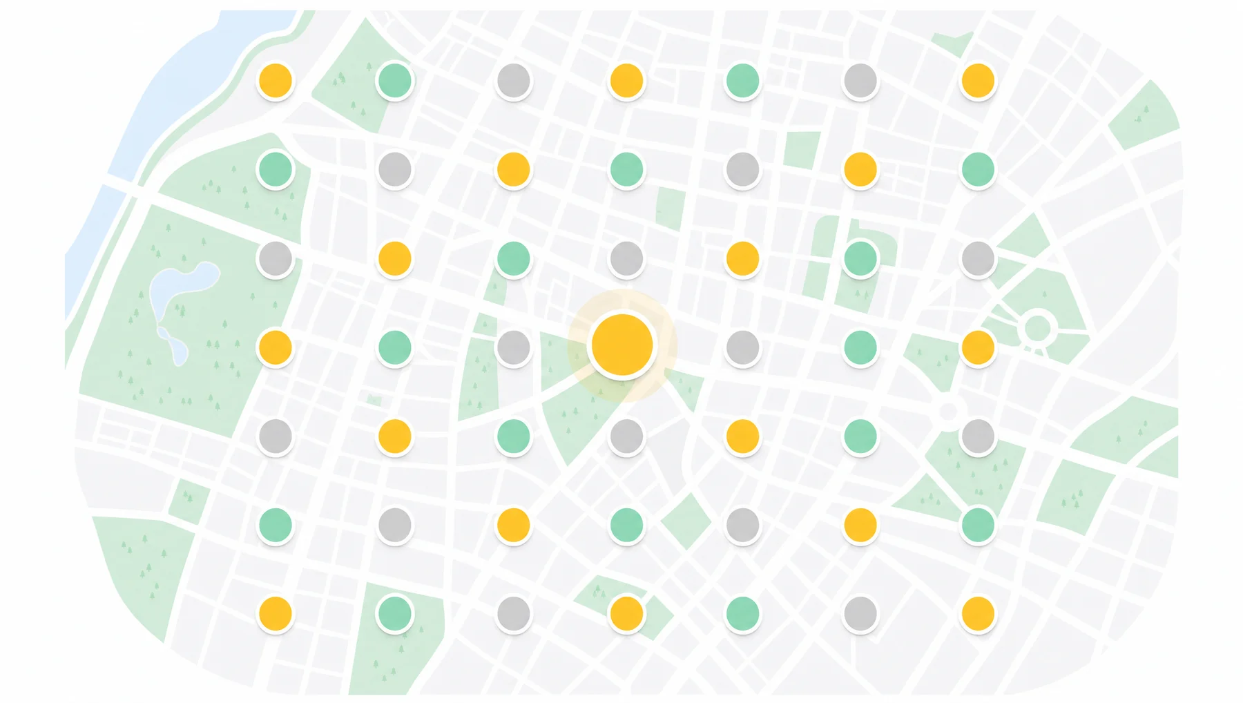 Cuadrícula de RankGrid sobre el mapa de una ciudad, con un punto de color por cada zona medida según la posición del negocio